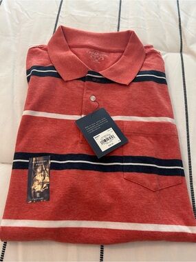 croft & barrow Coral Striped Polo with Navy & White Accents nwt